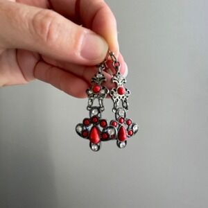 Stone‎ Metal Dangle Earrings Red Y2K Rhinestones Artsy Jewelry Vamp Renaissance